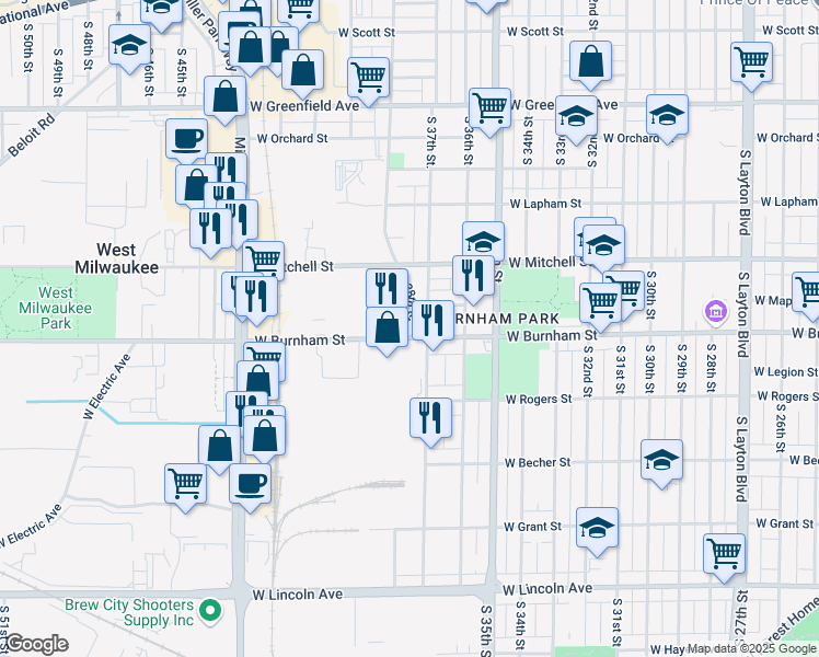 map of restaurants, bars, coffee shops, grocery stores, and more near South 38th Street in Milwaukee