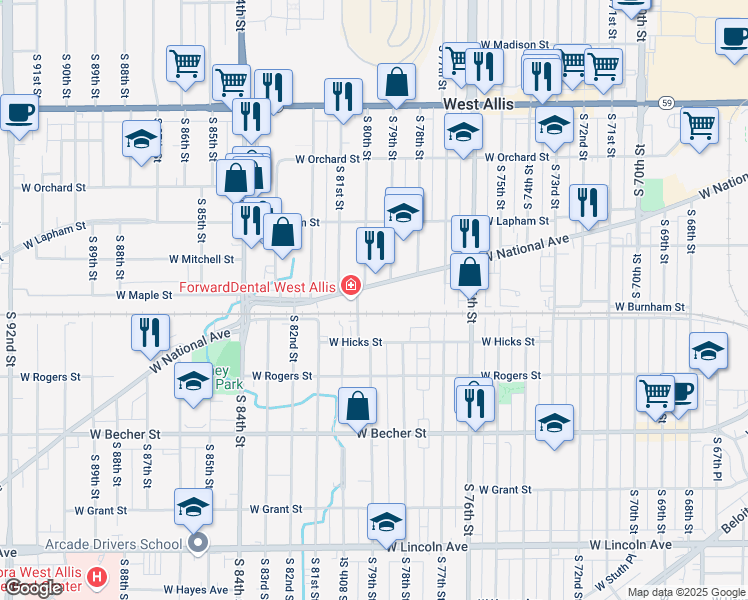 map of restaurants, bars, coffee shops, grocery stores, and more near 7902 West National Avenue in West Allis