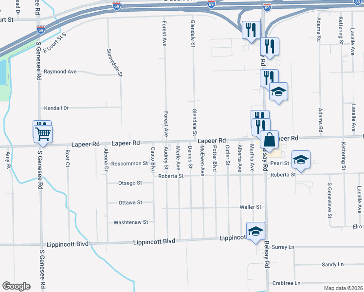 map of restaurants, bars, coffee shops, grocery stores, and more near 5333 Lapeer Road in Burton
