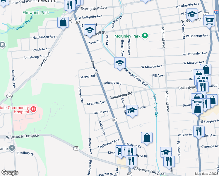 map of restaurants, bars, coffee shops, grocery stores, and more near 621 Atlantic Avenue in Syracuse