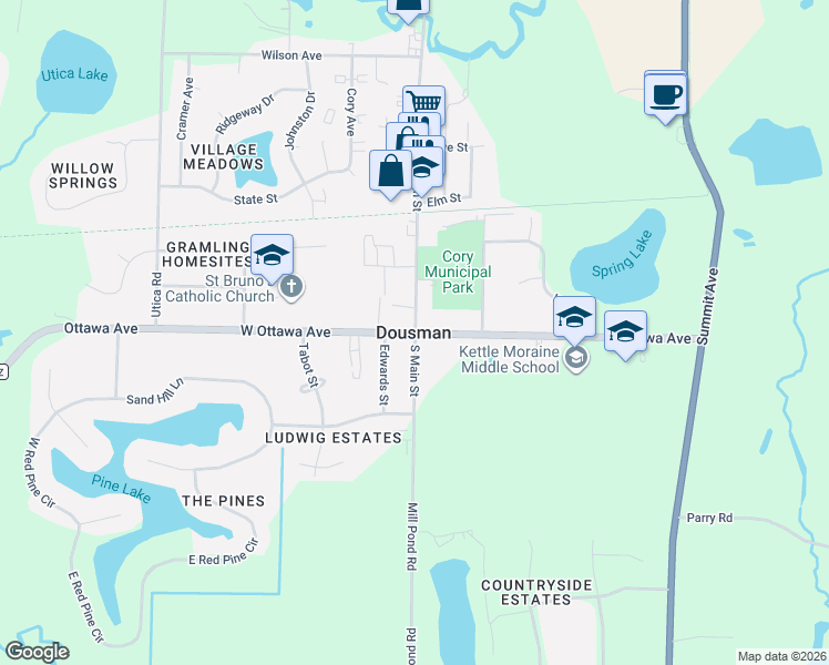 map of restaurants, bars, coffee shops, grocery stores, and more near in Dousman