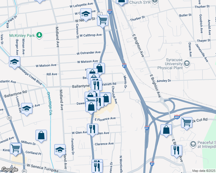 map of restaurants, bars, coffee shops, grocery stores, and more near 147 Walrath Road in Syracuse