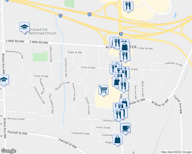 map of restaurants, bars, coffee shops, grocery stores, and more near 961 McCarty Street Northwest in Grand Rapids