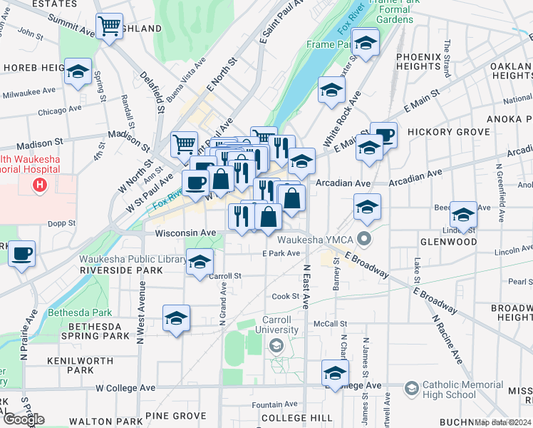 map of restaurants, bars, coffee shops, grocery stores, and more near 149 West Broadway in Waukesha