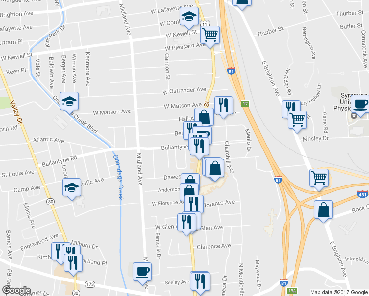 map of restaurants, bars, coffee shops, grocery stores, and more near 157 Ballantyne Road in Syracuse