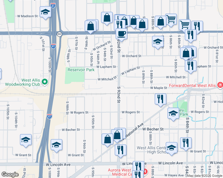 map of restaurants, bars, coffee shops, grocery stores, and more near 1739 South 92nd Street in West Allis
