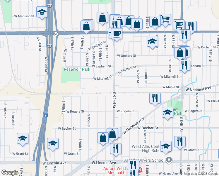 map of restaurants, bars, coffee shops, grocery stores, and more near 1803 South 92nd Street in West Allis