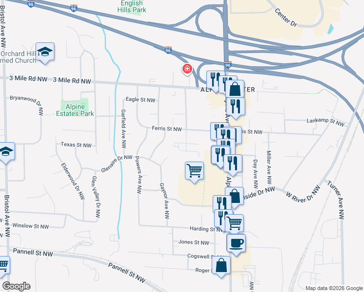 map of restaurants, bars, coffee shops, grocery stores, and more near 933 Barbara Street Northwest in Grand Rapids