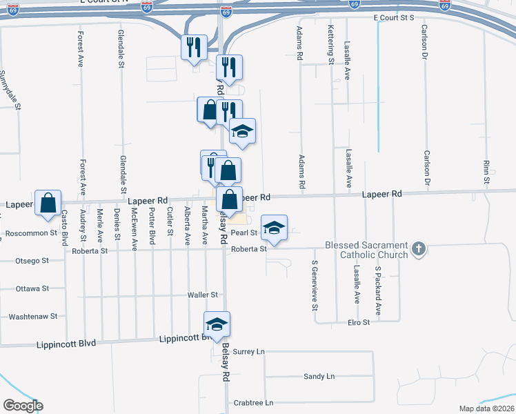 map of restaurants, bars, coffee shops, grocery stores, and more near 6049 Lapeer Road in Burton