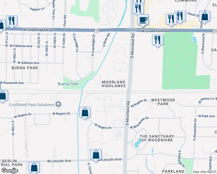 map of restaurants, bars, coffee shops, grocery stores, and more near 15800 West Robin Road in New Berlin