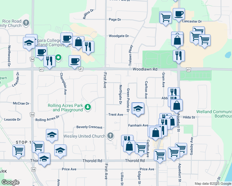 map of restaurants, bars, coffee shops, grocery stores, and more near 26 Colonial Street in Welland
