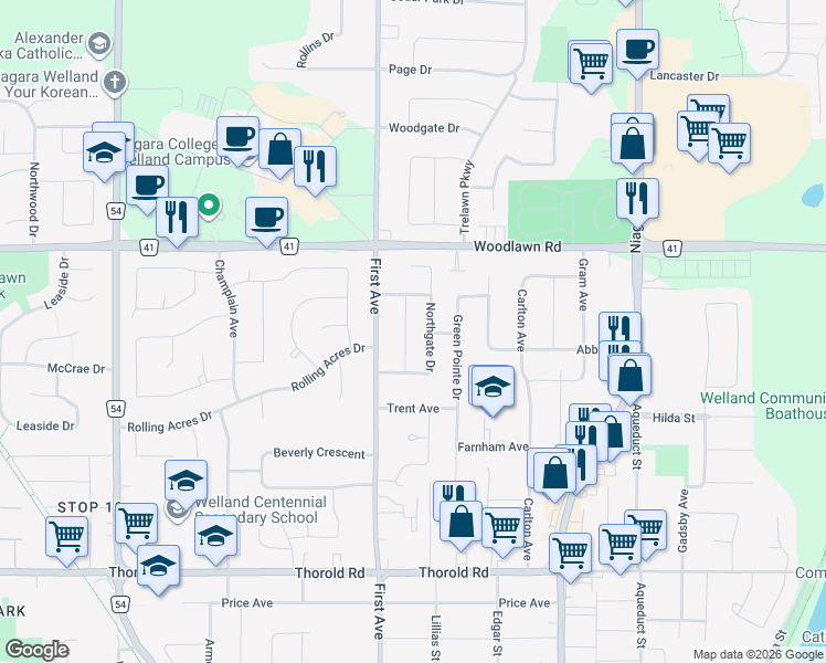 map of restaurants, bars, coffee shops, grocery stores, and more near 26 Colonial Street in Welland