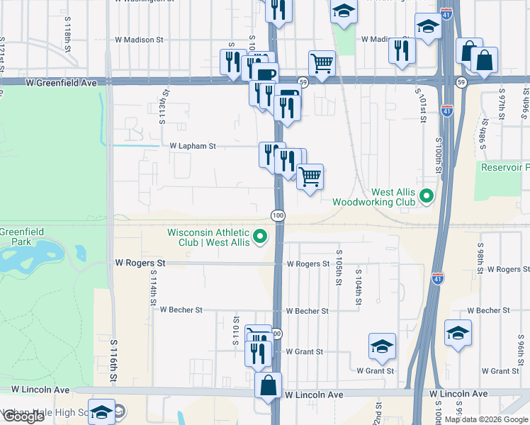 map of restaurants, bars, coffee shops, grocery stores, and more near 1729 S 108th St in West Allis