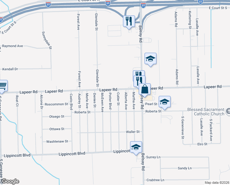 map of restaurants, bars, coffee shops, grocery stores, and more near 5415 Lapeer Road in Burton