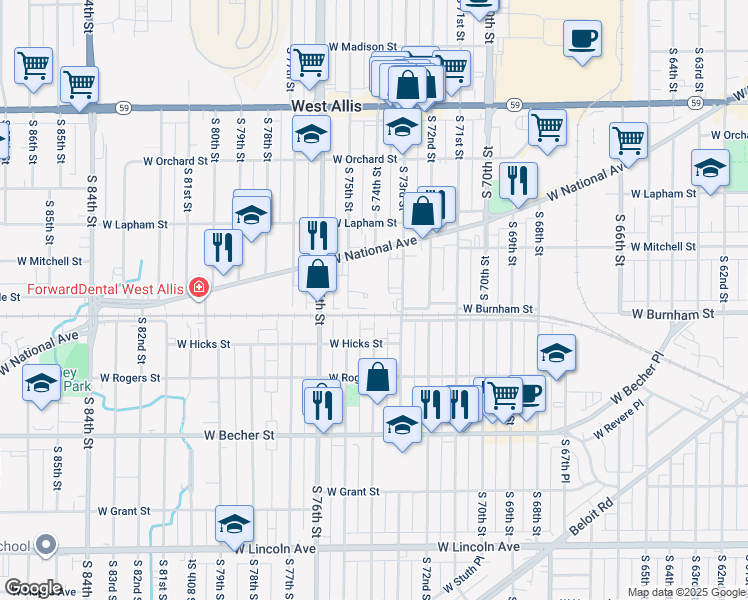 map of restaurants, bars, coffee shops, grocery stores, and more near 1820 South 75th Street in West Allis