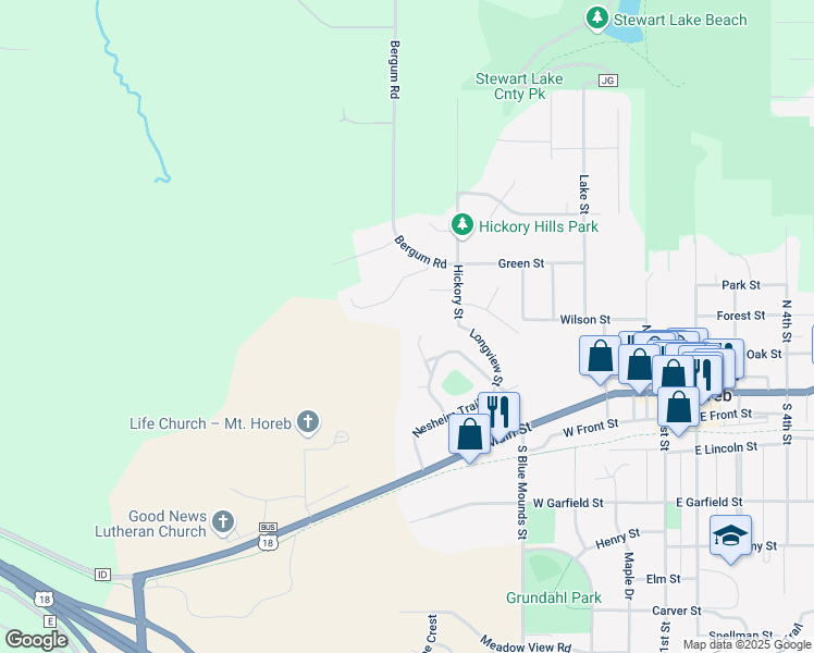 map of restaurants, bars, coffee shops, grocery stores, and more near 110 Hickory Street in Mount Horeb