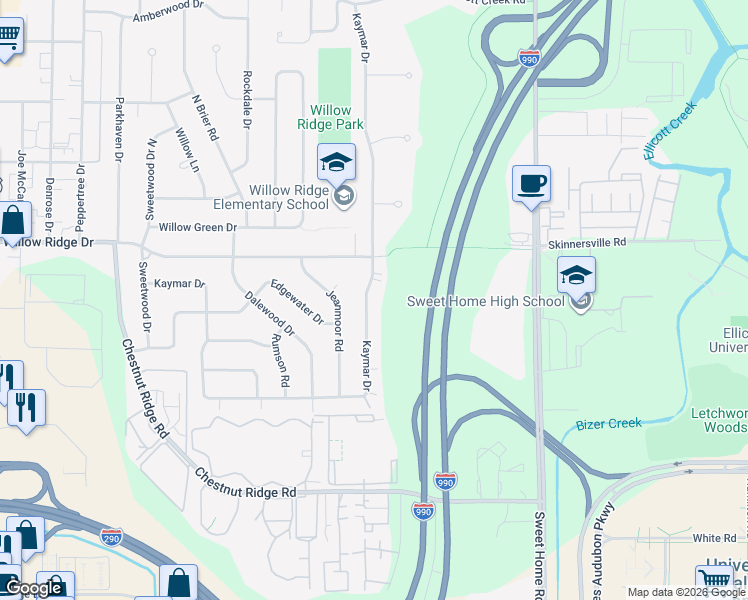 map of restaurants, bars, coffee shops, grocery stores, and more near 467 Kaymar Drive in Buffalo