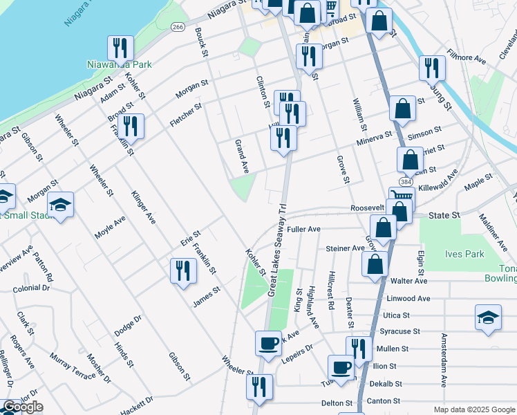 map of restaurants, bars, coffee shops, grocery stores, and more near 43 Elmwood Park South in Tonawanda