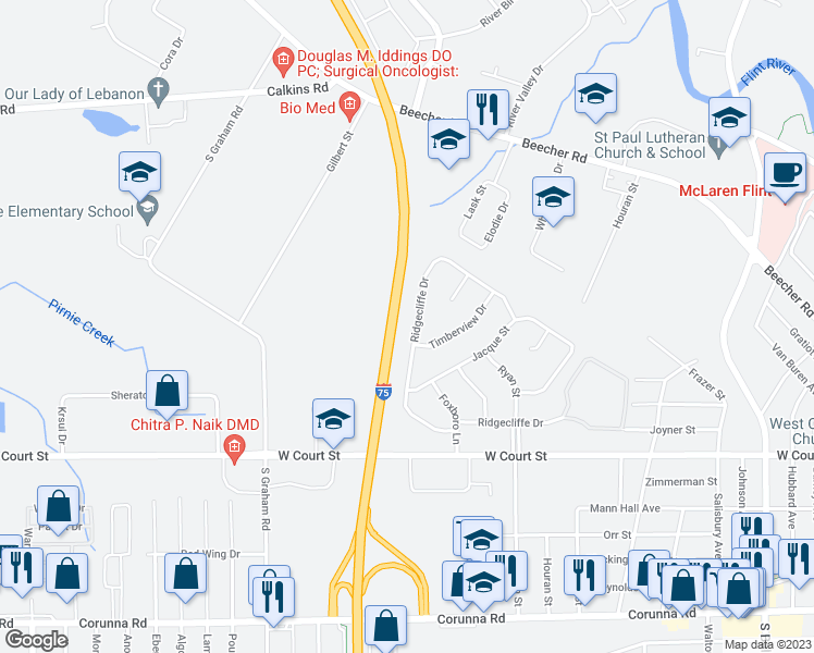 map of restaurants, bars, coffee shops, grocery stores, and more near 3477 Ridgecliffe Drive in Flint