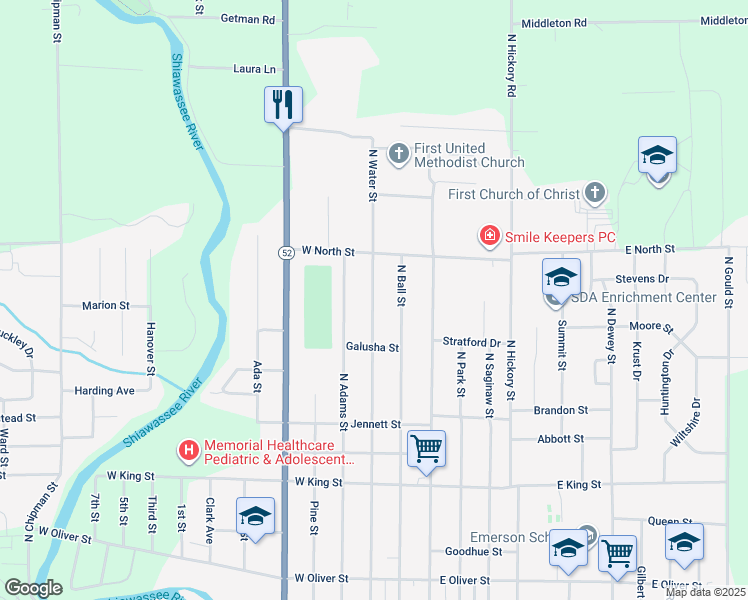 map of restaurants, bars, coffee shops, grocery stores, and more near 1320 North Water Street in Owosso