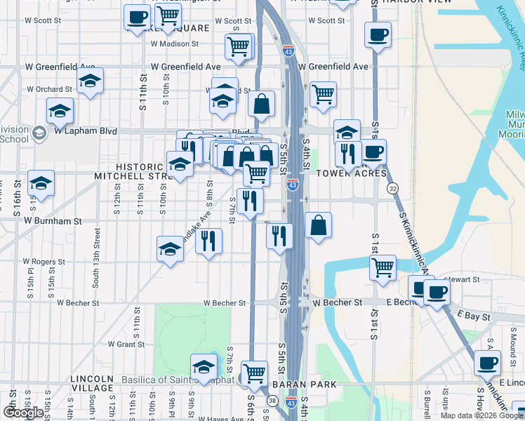 map of restaurants, bars, coffee shops, grocery stores, and more near 539 West Maple Street in Milwaukee