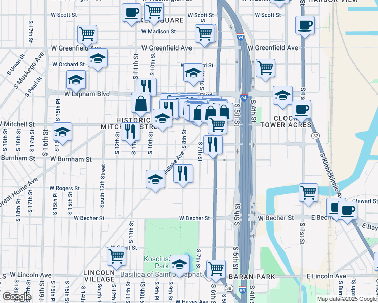map of restaurants, bars, coffee shops, grocery stores, and more near 1800 South 8th Street in Milwaukee