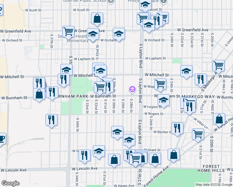 map of restaurants, bars, coffee shops, grocery stores, and more near 1813 South 29th Street in Milwaukee