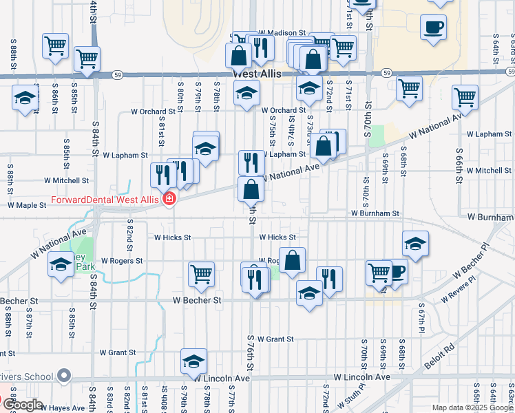 map of restaurants, bars, coffee shops, grocery stores, and more near 1743 South 75th Street in West Allis