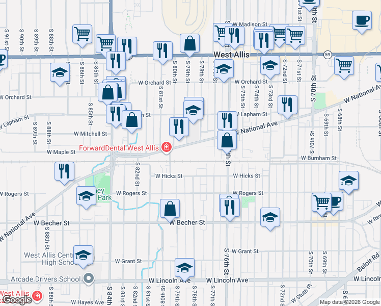 map of restaurants, bars, coffee shops, grocery stores, and more near 7920 West National Avenue in West Allis