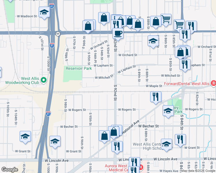 map of restaurants, bars, coffee shops, grocery stores, and more near 1739 South 92nd Street in West Allis