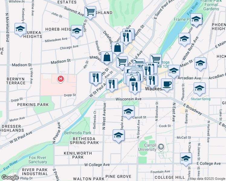 map of restaurants, bars, coffee shops, grocery stores, and more near in Waukesha