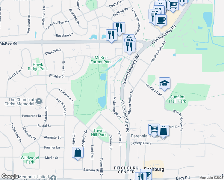 map of restaurants, bars, coffee shops, grocery stores, and more near 72 Wood Brook Way in Fitchburg