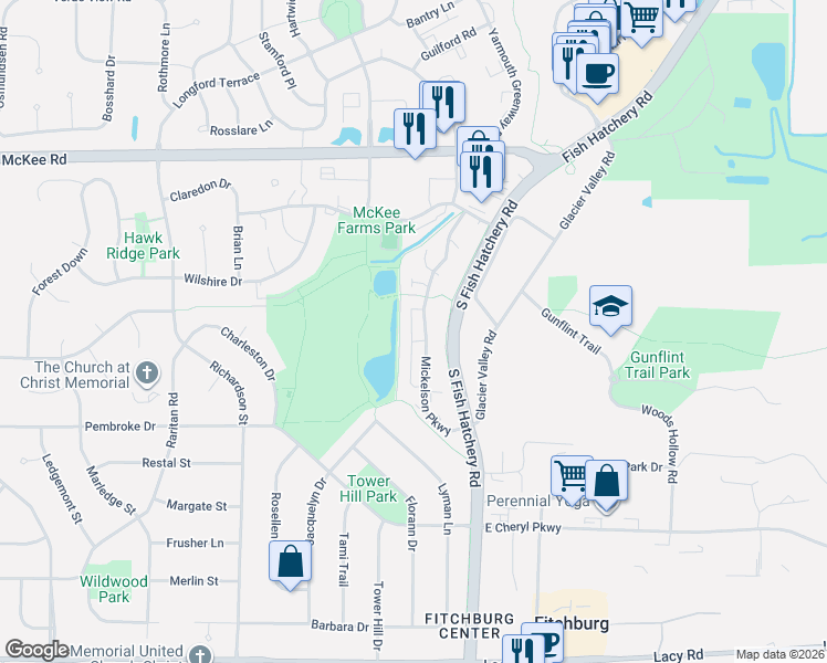 map of restaurants, bars, coffee shops, grocery stores, and more near 72 Wood Brook Way in Fitchburg