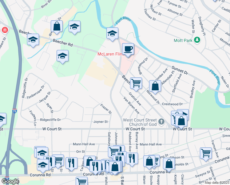 map of restaurants, bars, coffee shops, grocery stores, and more near 701 South Ballenger Highway in Flint