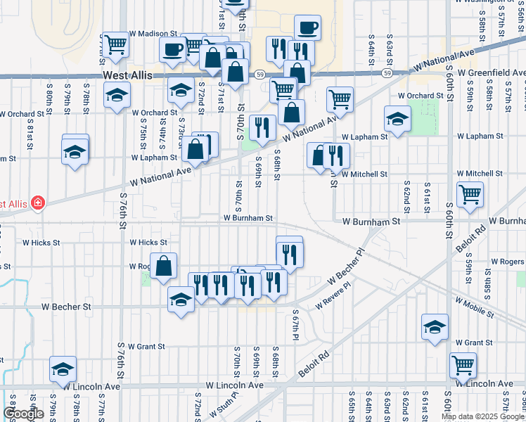 map of restaurants, bars, coffee shops, grocery stores, and more near 1752 South 69th Street in West Allis