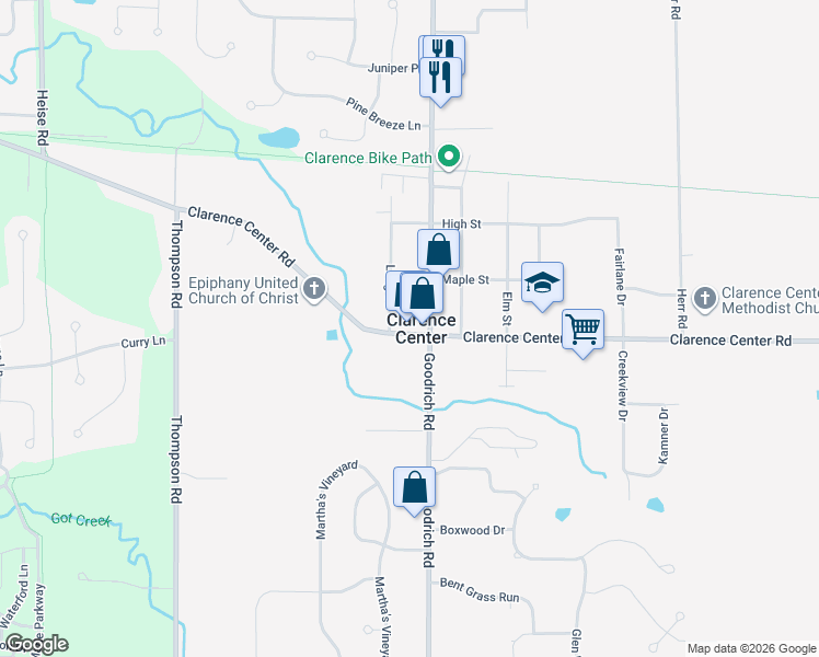 map of restaurants, bars, coffee shops, grocery stores, and more near 9450 Clarence Center Road in Clarence Center
