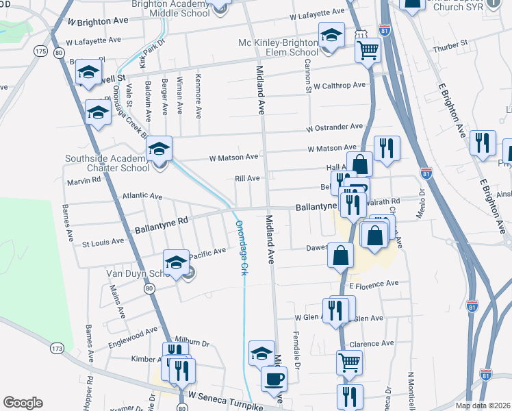 map of restaurants, bars, coffee shops, grocery stores, and more near 132 Pierce Street in Syracuse