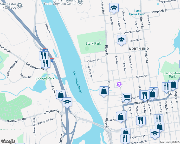 map of restaurants, bars, coffee shops, grocery stores, and more near 70 West River Drive in Manchester