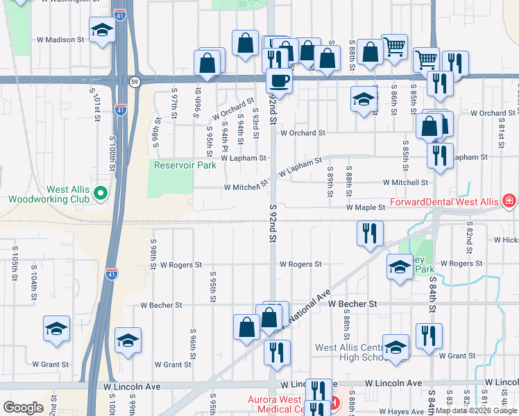 map of restaurants, bars, coffee shops, grocery stores, and more near 1803 South 92nd Street in Milwaukee