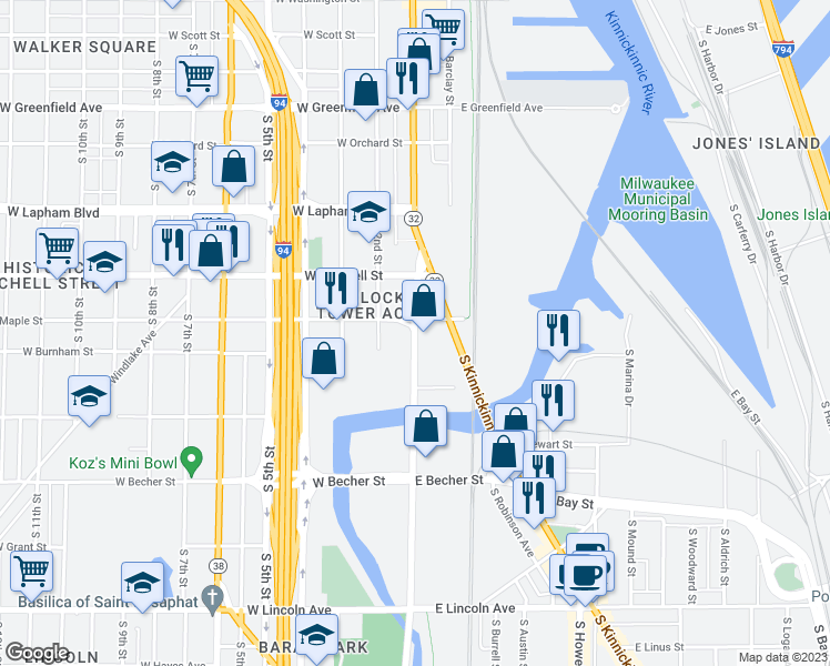 map of restaurants, bars, coffee shops, grocery stores, and more near S 1st St & W Maple St in Milwaukee