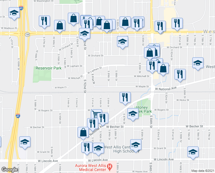 map of restaurants, bars, coffee shops, grocery stores, and more near 8914 W Maple St in West Allis