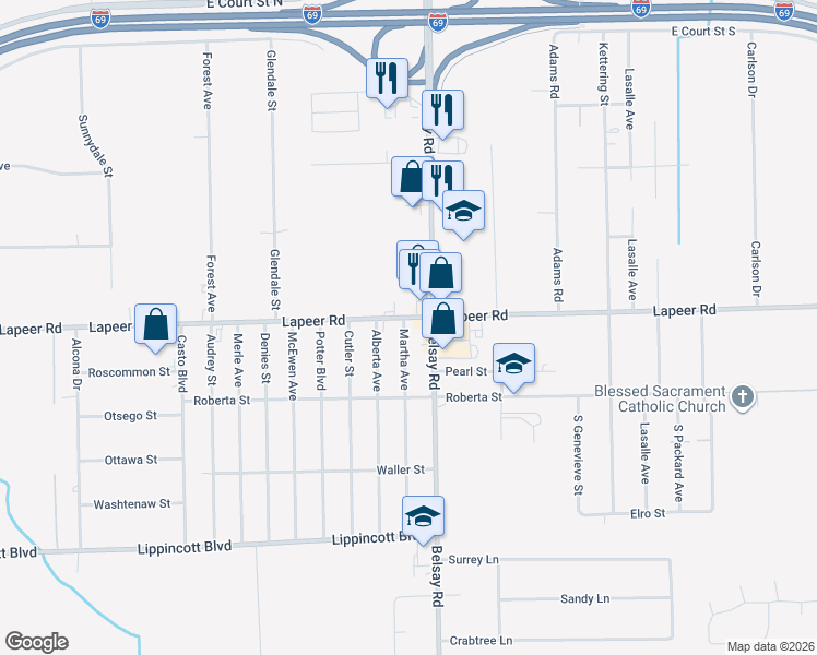 map of restaurants, bars, coffee shops, grocery stores, and more near 5499 Lapeer Road in Burton