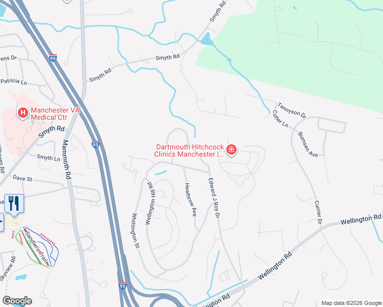 map of restaurants, bars, coffee shops, grocery stores, and more near 115 Fox Hollow Way in Manchester