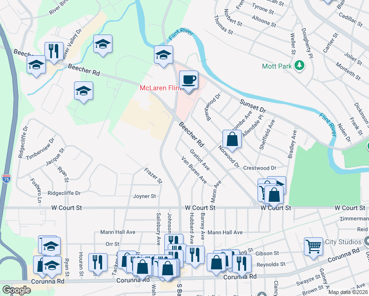map of restaurants, bars, coffee shops, grocery stores, and more near 3721 Gratiot Avenue in Flint
