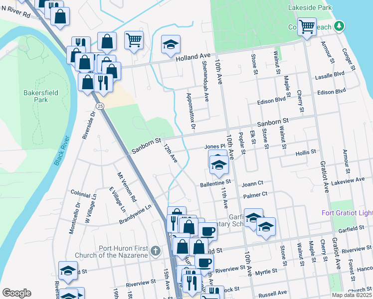 map of restaurants, bars, coffee shops, grocery stores, and more near 1617 Jones Place in Port Huron