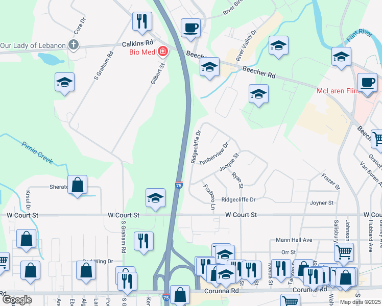 map of restaurants, bars, coffee shops, grocery stores, and more near 3469 Ridgecliffe Drive in Flint