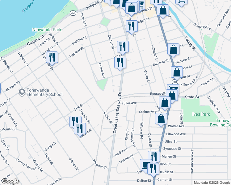 map of restaurants, bars, coffee shops, grocery stores, and more near 296 Main Street in Tonawanda