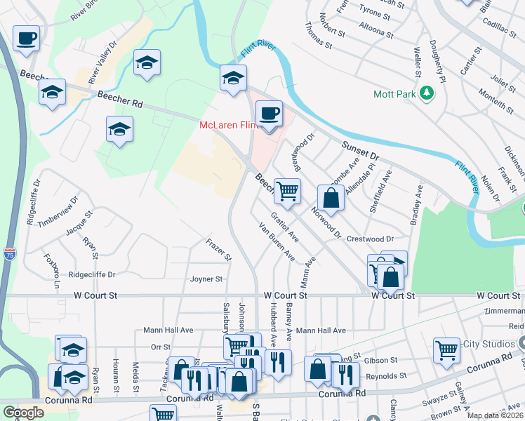 map of restaurants, bars, coffee shops, grocery stores, and more near 3721 Gratiot Avenue in Flint