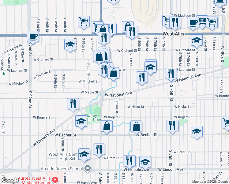 map of restaurants, bars, coffee shops, grocery stores, and more near 17 South 83rd Street in West Allis
