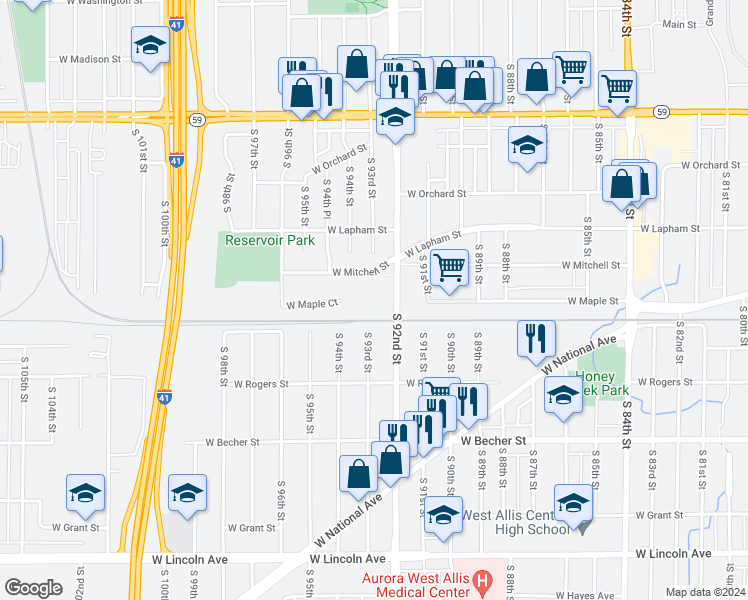 map of restaurants, bars, coffee shops, grocery stores, and more near 1739 South 92nd Street in West Allis